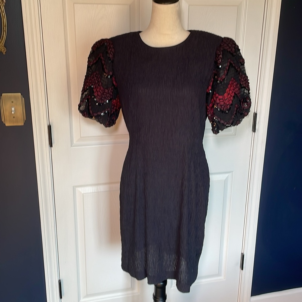 Vintage Leslie Fay Puff Sleeve Black Midi‎ Statement Dress Size 10